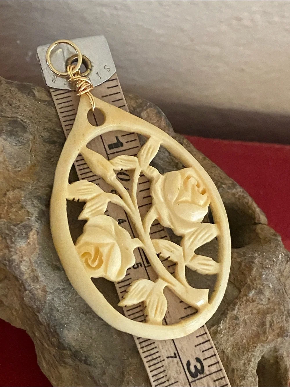 Vintage Hand Carved Bovine Bone Teardrop Art Nouveau Pendant